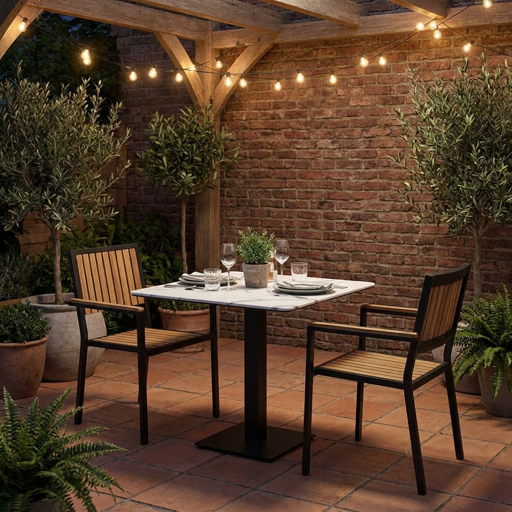 Outdoor Tisch Catania 60x60cm Marmor Optik Weiss Compact HPL Tischplatte