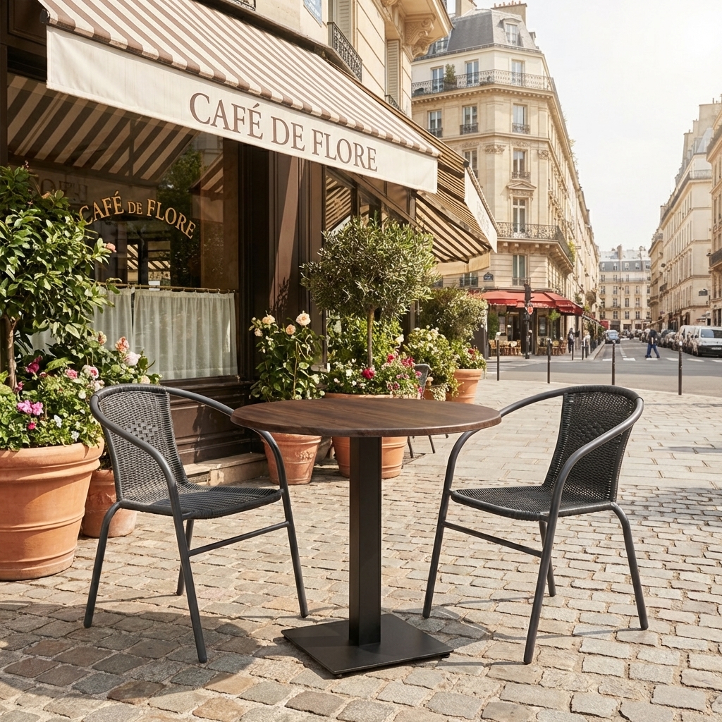 Outdoor Tisch Rund 60cm Walnuss Braun Außenbereich Compact HPL Tischplatte Catania