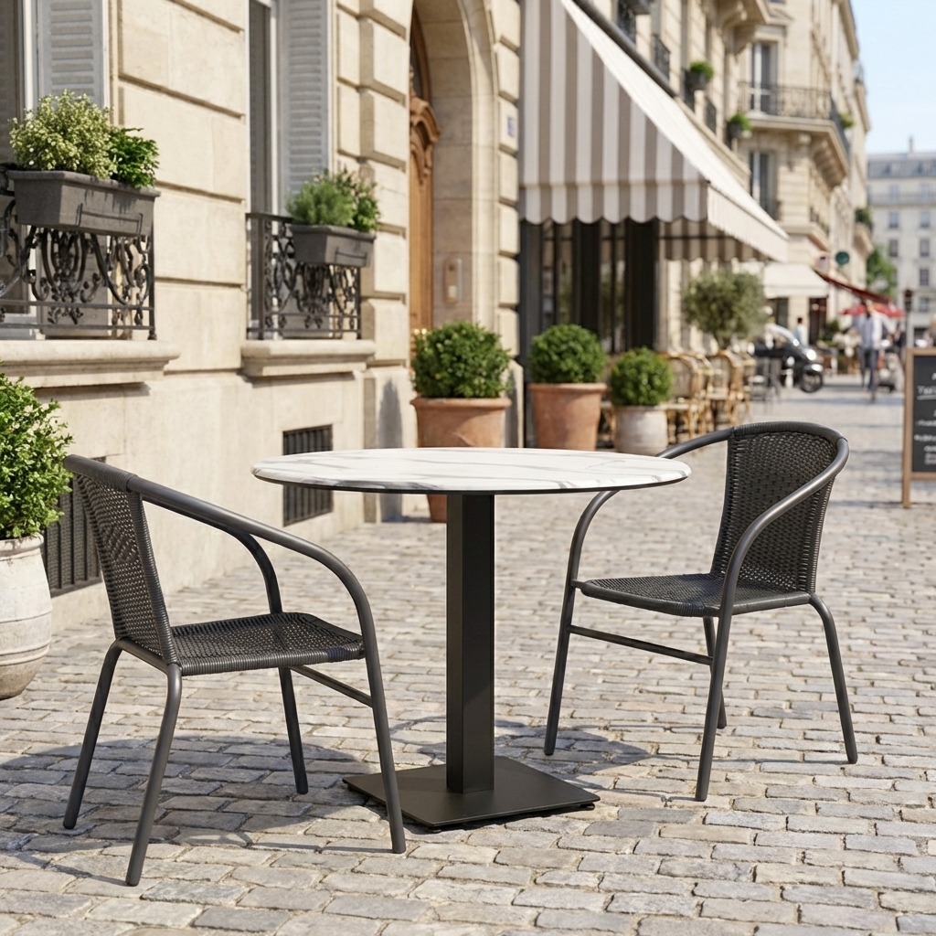 Outdoor Tisch Rund 60cm Marmor Optik Weiss Compact HPL Tischplatte Catania