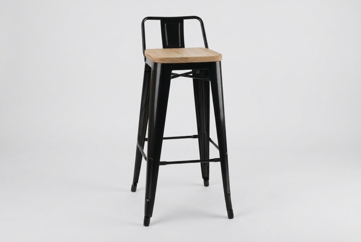 Barhocker Stella aus Stahl mit Rückenlehne Holzsitz Schwarz