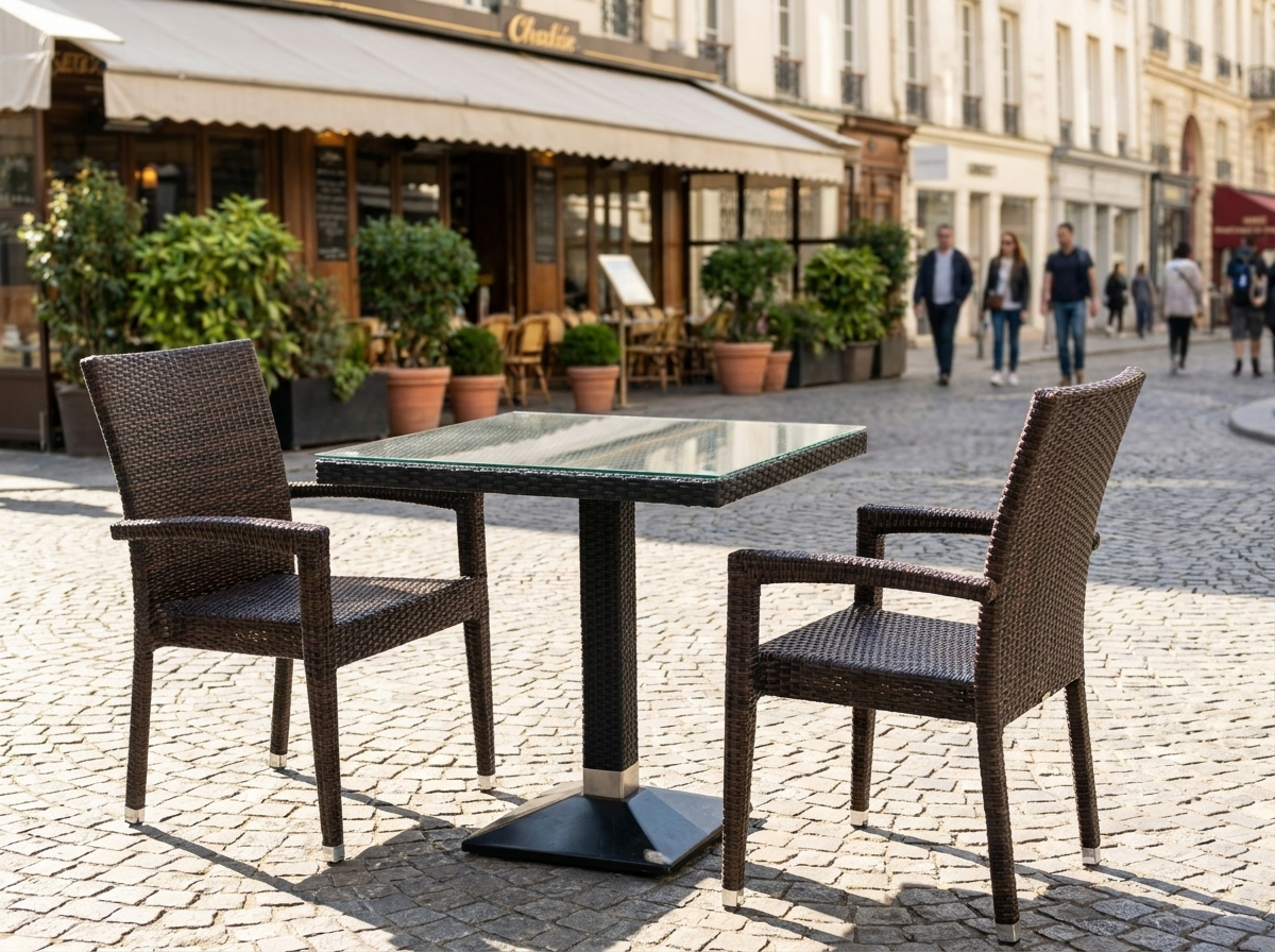 1+2 Set Verona Polyrattan Outdoor Stühle Tisch Rattan stapelbar in Braun