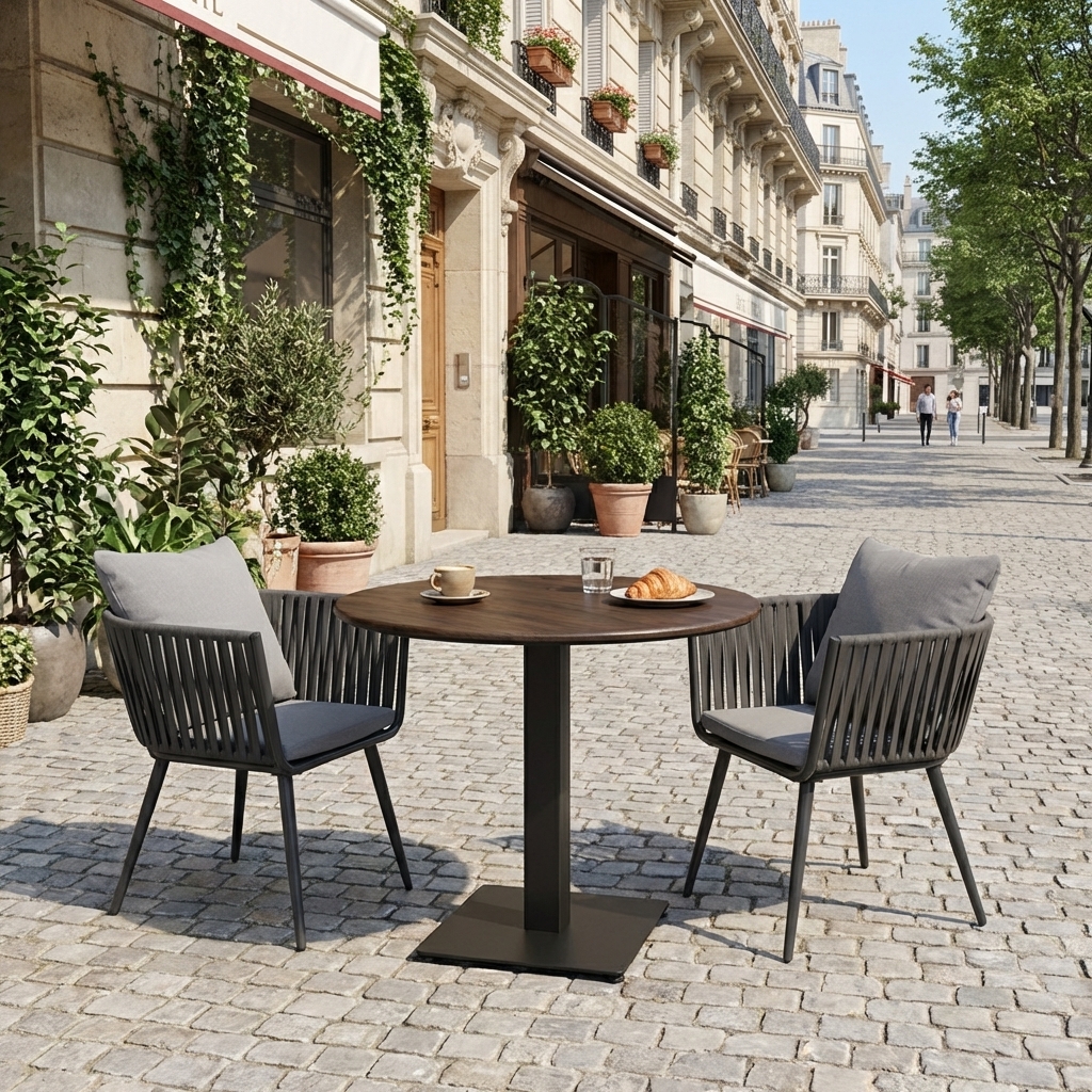 Outdoor Tisch Rund Walnuss Braun 80cm Außenbereich Compact HPL Tischplatte Catania